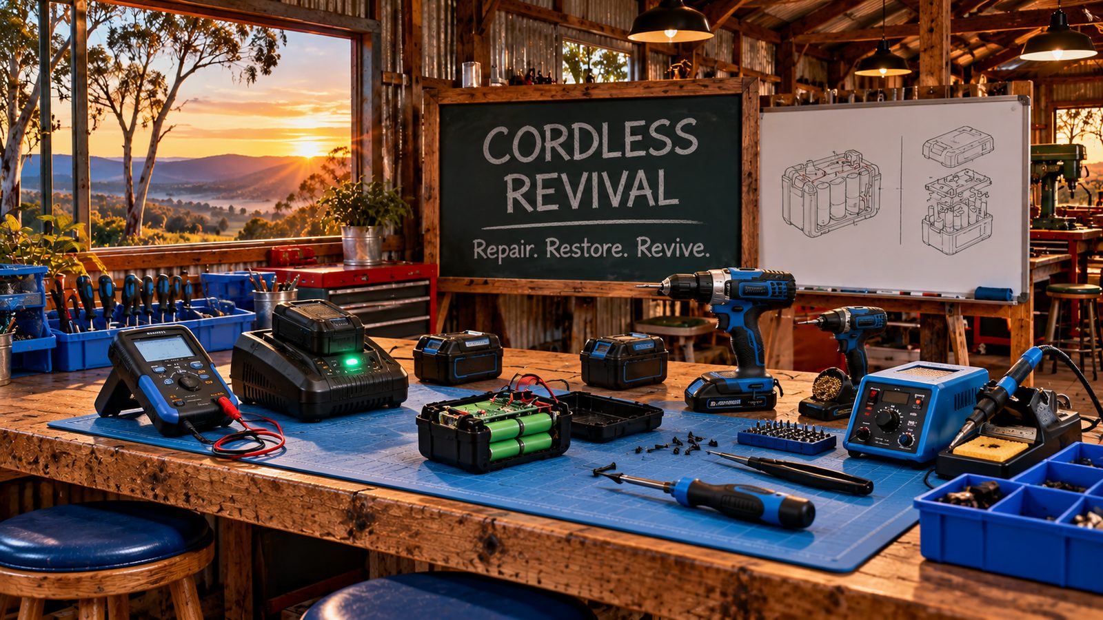 Rory's blue corner of the Bush family shed: the battery bench with a multimeter, chargers, cordless packs and a soldering station.